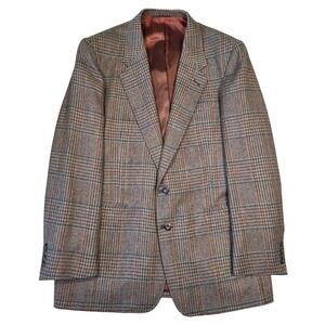 Oakton Mens Plaid‎ Blazer Wool Sport Coat Brown Blue 44 L Vintage Career Work